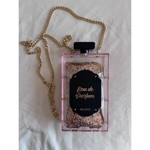 ALDO Perfume Bottle Novelty Crossbody Purse Bag Pink Acrylic w/Sequin Pouch